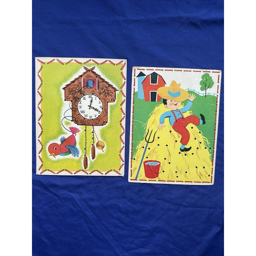 2 Vintage Children's Lace Up Sewing Cards Art Junk Journal Scrapbook Crafts